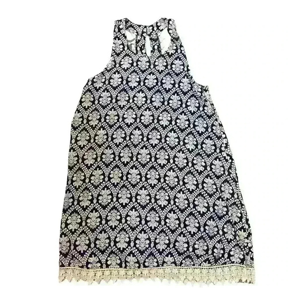 Buttons Women’s Racerback Sundress Size L Navy Cream Print Crocheted Hem Back - Picture 7 of 11